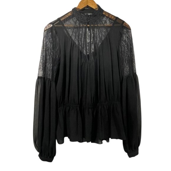Express Womens High Neck Sheer Lacy Blouse Black Sz M Whimsygoth Romantic NWOT - Picture 1 of 8